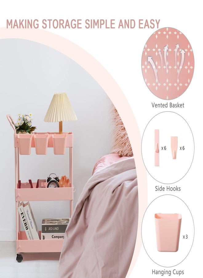 danpinera Slim Storage Cart, 3 Tier Narrow Rolling Cart on Wheels Bathroom Organizer with Dividers Handle Hanging Cups Hooks for Laundry Room Kitchen Small Spaces, Pink - Image 4
