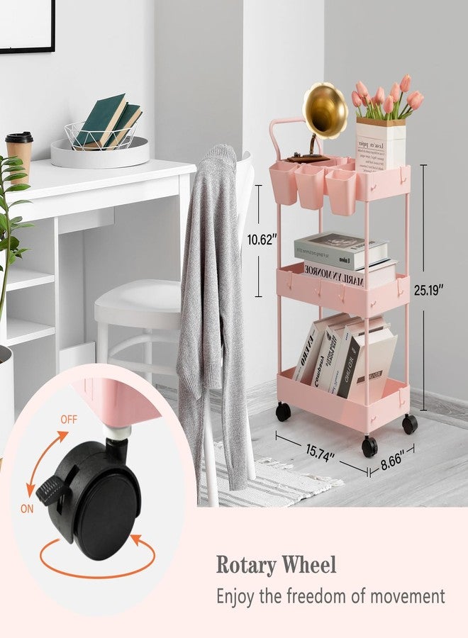 danpinera Slim Storage Cart, 3 Tier Narrow Rolling Cart on Wheels Bathroom Organizer with Dividers Handle Hanging Cups Hooks for Laundry Room Kitchen Small Spaces, Pink - Image 2