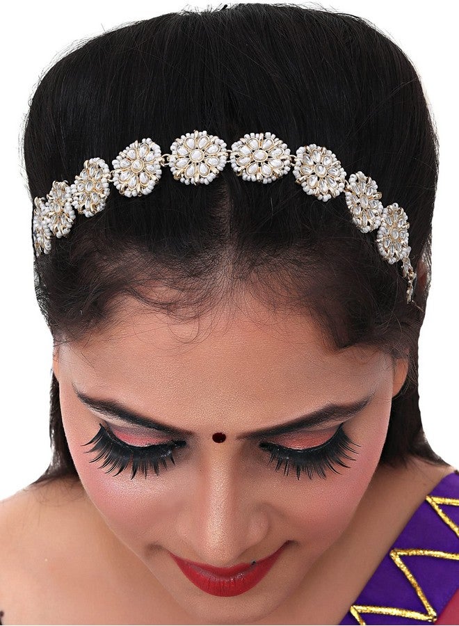 CPI Matha Patti Gold Plated Traditional Floral Kundan Pearl Studded Rajasthani Sheeshphool/SheeshPatti for Women, Hairband for Wedding Bridal, Head Chain For Women, Pack of 1 - Image 3