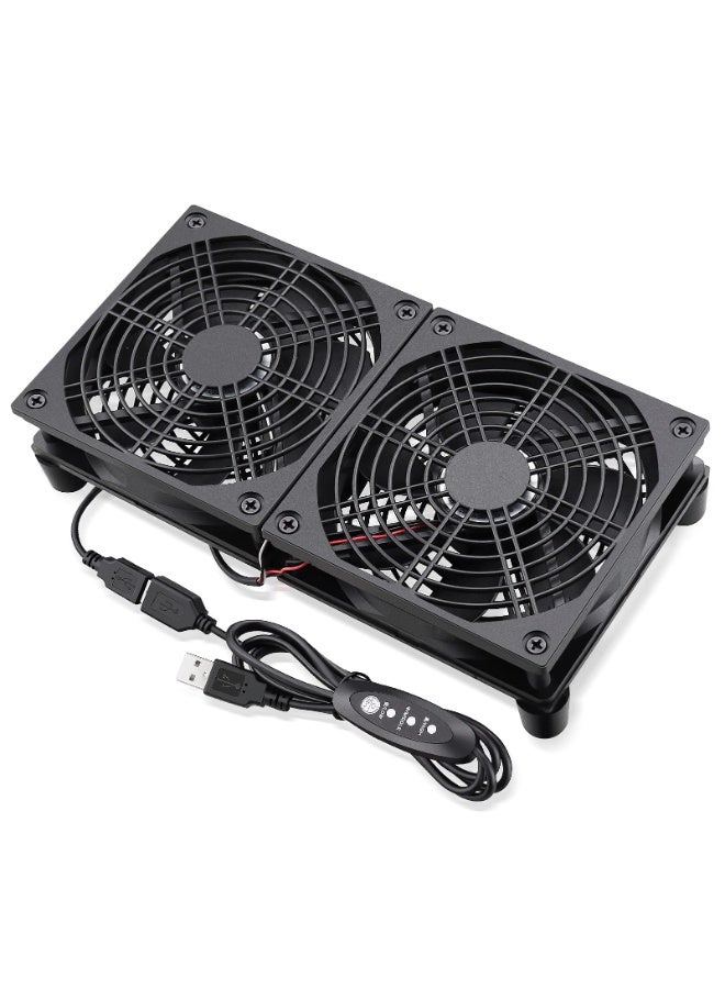 Quiet Dual 120mm USB Router Fan Cooler with 3-Speed Control for Routers, Modems, TV Boxes - Image 1