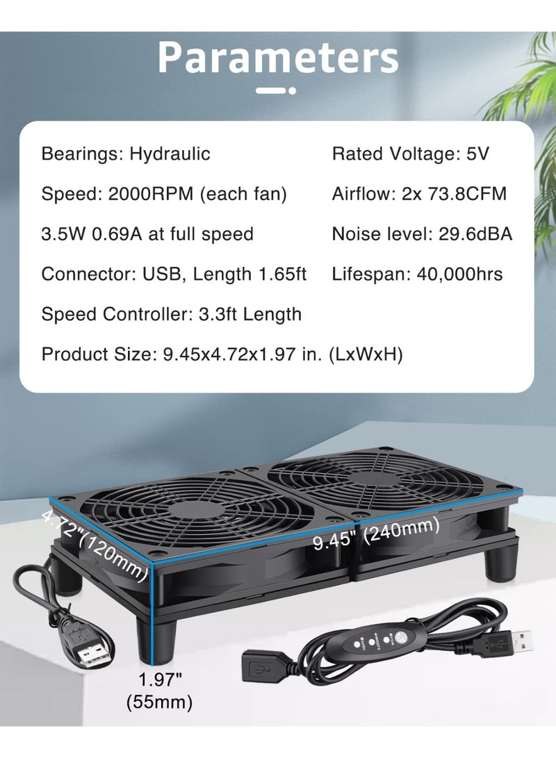 Quiet Dual 120mm USB Router Fan Cooler with 3-Speed Control for Routers, Modems, TV Boxes - Image 5