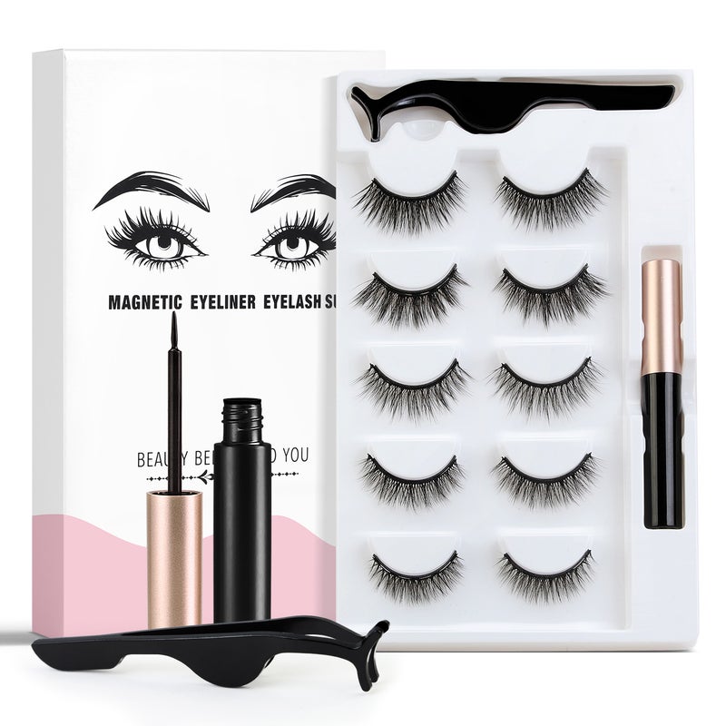 Magnetic False Eyelashes Natural Thick False Lashes Extension with Tweezers and Eyeliner - Image 1