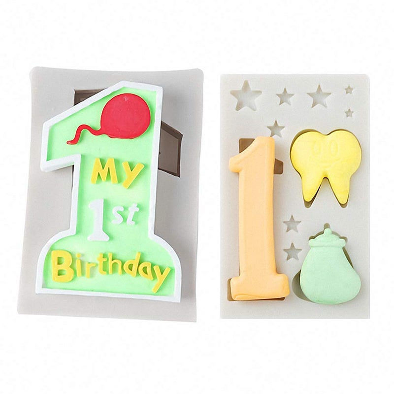 Fewo 2PcsSet 1st Birthday Silicone Fondant Molds Number 1  Baby Tooth Chocolate Candy Sugar Craft Mold Happy Birthday Handmade Candle Mold for Cake Topper Decoration Kids Party Supplies Gift