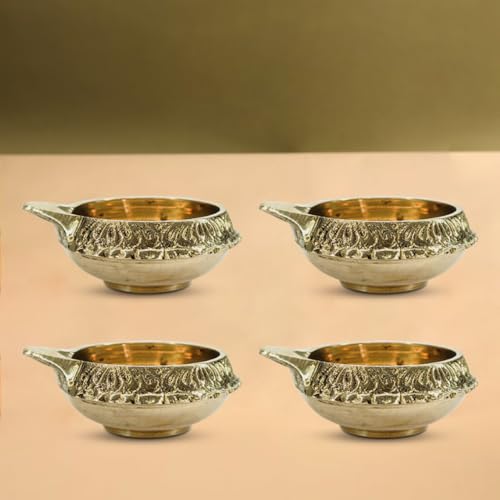 ROLIMOLI Oil Lamp with Golden Engraved Made of Brass Metal. Vilakku for Puja Pooja. Traditional Indian Set of 12 - Image 3