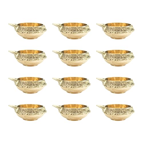 ROLIMOLI Oil Lamp with Golden Engraved Made of Brass Metal. Vilakku for Puja Pooja. Traditional Indian Set of 12 - Image 1