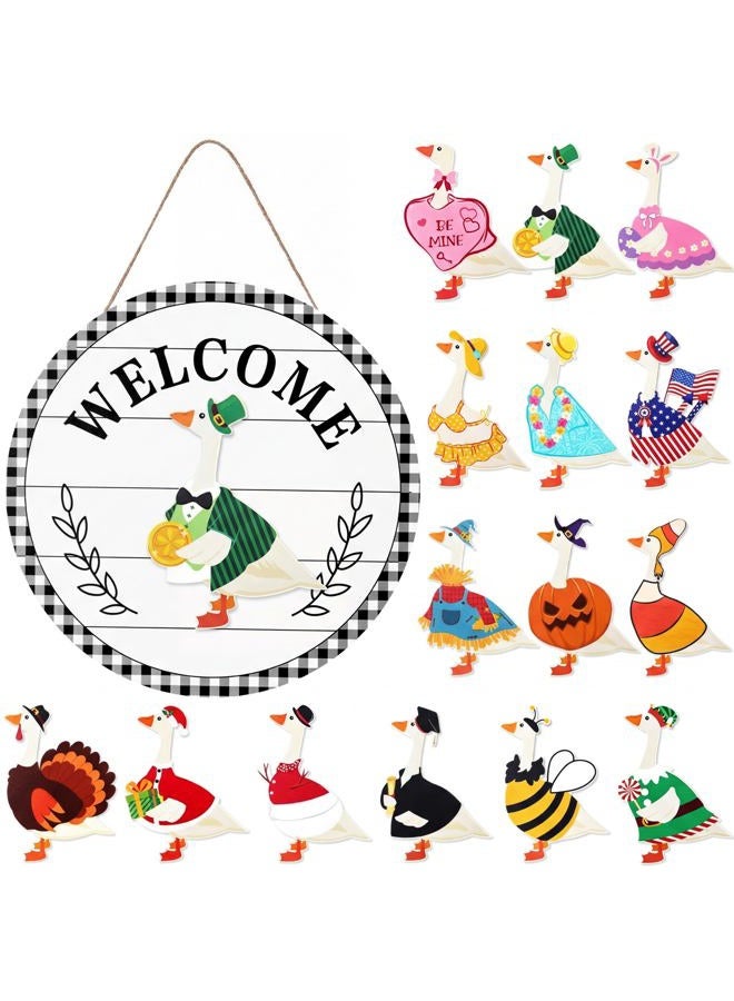 Memorywuu 16 Pcs Interchangeable Goose Welcome Sign 12 Inch Holiday Seasonal Wooden Sign with Wooden Holiday Magnet Goose Pieces for Front Door Porch Wall Decor - Image 1
