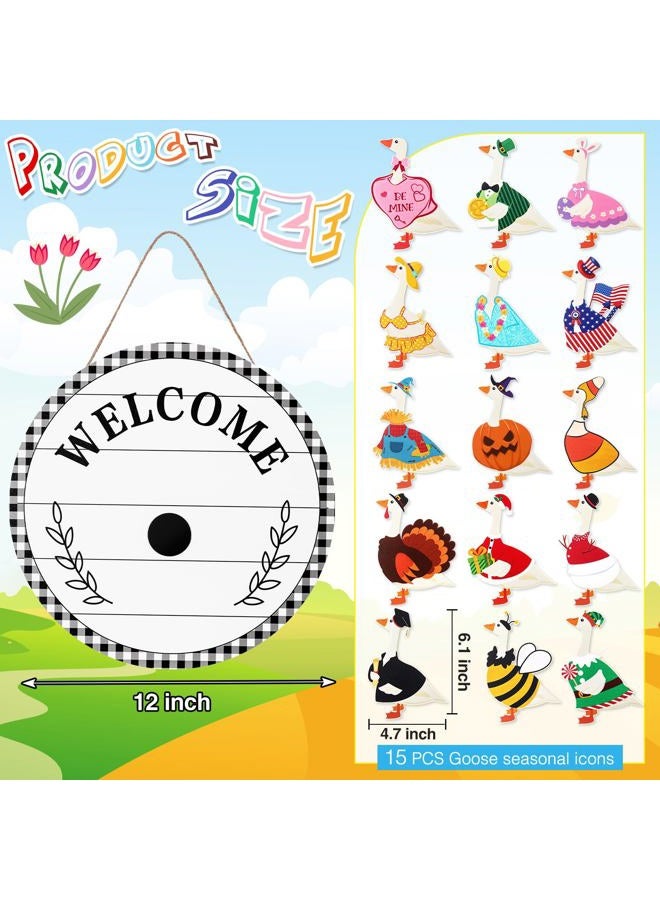 Memorywuu 16 Pcs Interchangeable Goose Welcome Sign 12 Inch Holiday Seasonal Wooden Sign with Wooden Holiday Magnet Goose Pieces for Front Door Porch Wall Decor - Image 2