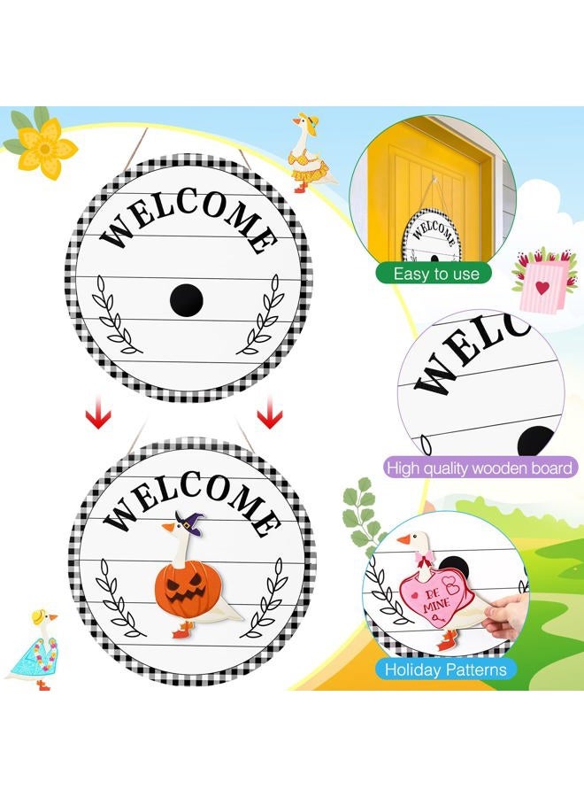 Memorywuu 16 Pcs Interchangeable Goose Welcome Sign 12 Inch Holiday Seasonal Wooden Sign with Wooden Holiday Magnet Goose Pieces for Front Door Porch Wall Decor - Image 3