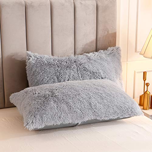 Uhamho Faux Fur Velvet Fluffy Bedding Duvet Cover Set Down Comforter Quilt Cover with Pillow Shams, Ultra Soft Warm (Queen, Light Gray) - Image 4