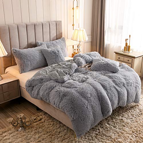 Uhamho Faux Fur Velvet Fluffy Bedding Duvet Cover Set Down Comforter Quilt Cover with Pillow Shams, Ultra Soft Warm (Queen, Light Gray) - Image 2