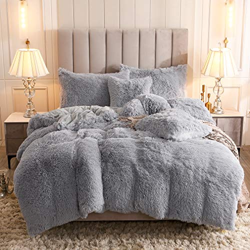 Uhamho Faux Fur Velvet Fluffy Bedding Duvet Cover Set Down Comforter Quilt Cover with Pillow Shams, Ultra Soft Warm (Queen, Light Gray) - Image 1