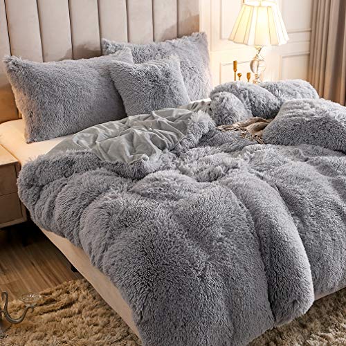 Uhamho Faux Fur Velvet Fluffy Bedding Duvet Cover Set Down Comforter Quilt Cover with Pillow Shams, Ultra Soft Warm (Queen, Light Gray) - Image 3