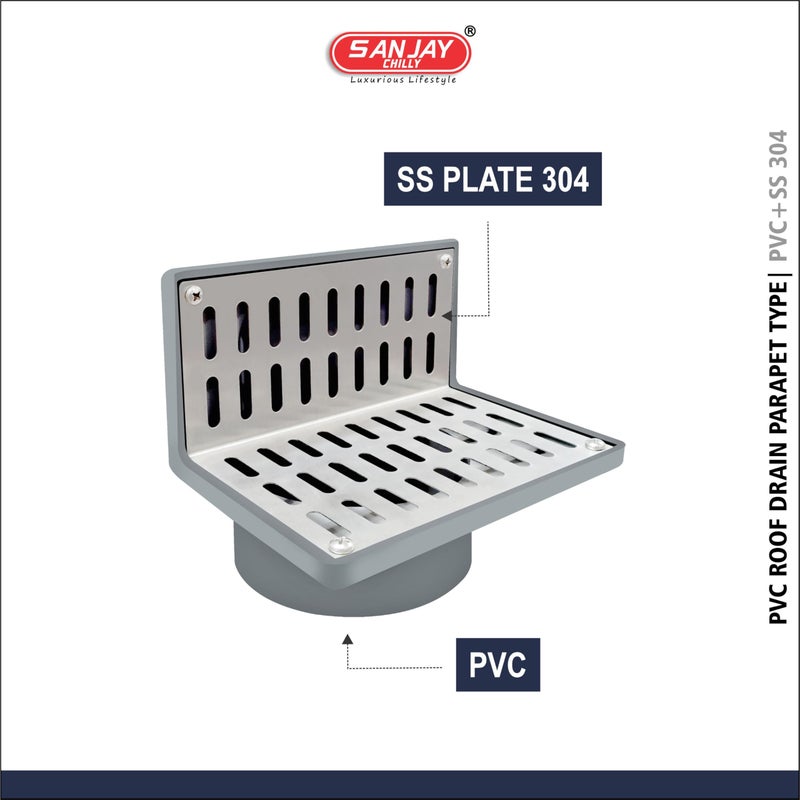 Sanjay Chilly Roof Drain Balcony Terracce Outdoor Side Wall Corner Parapet L Shape Water Drain PVC + Stainless Steel 304 Grade Bathroom Gratings Drain Strainers Anti Odor Saftey from Insects (4 INCH) - Image 3