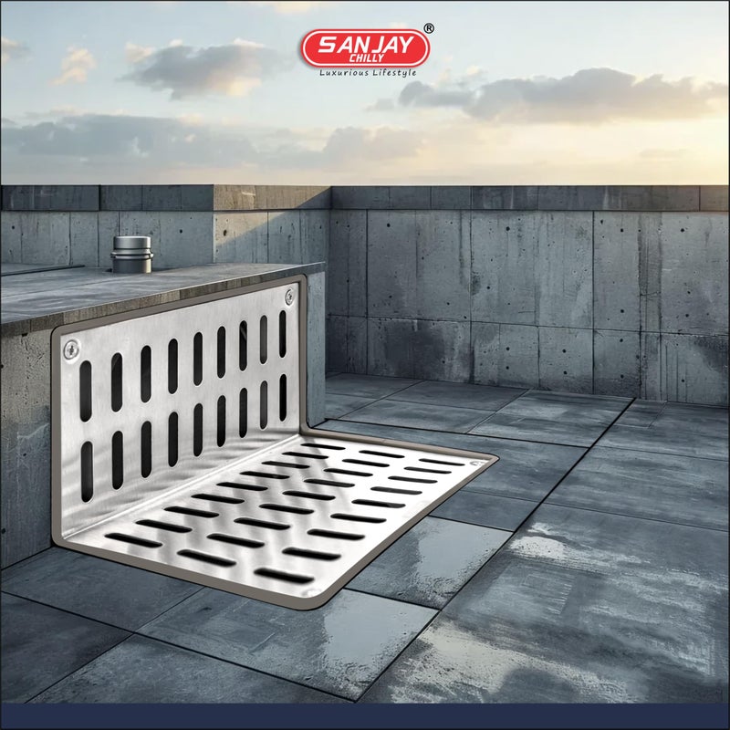 Sanjay Chilly Roof Drain Balcony Terracce Outdoor Side Wall Corner Parapet L Shape Water Drain PVC + Stainless Steel 304 Grade Bathroom Gratings Drain Strainers Anti Odor Saftey from Insects (4 INCH) - Image 4