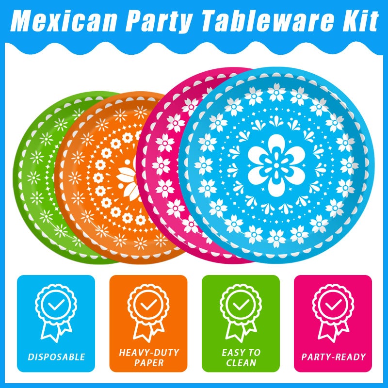 Kepeel 96 Pcs Fiesta Party Plates, Mexican Cinco De Mayo Party Decorations Supplies Mexican Papel Picado Disposable Paper Plates Napkins for Taco Carnival Birthday Baby Shower Tableware, Serves 24 - Image 3