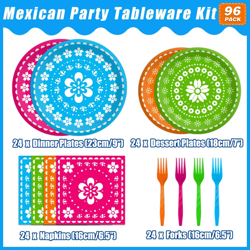 Kepeel 96 Pcs Fiesta Party Plates, Mexican Cinco De Mayo Party Decorations Supplies Mexican Papel Picado Disposable Paper Plates Napkins for Taco Carnival Birthday Baby Shower Tableware, Serves 24 - Image 2