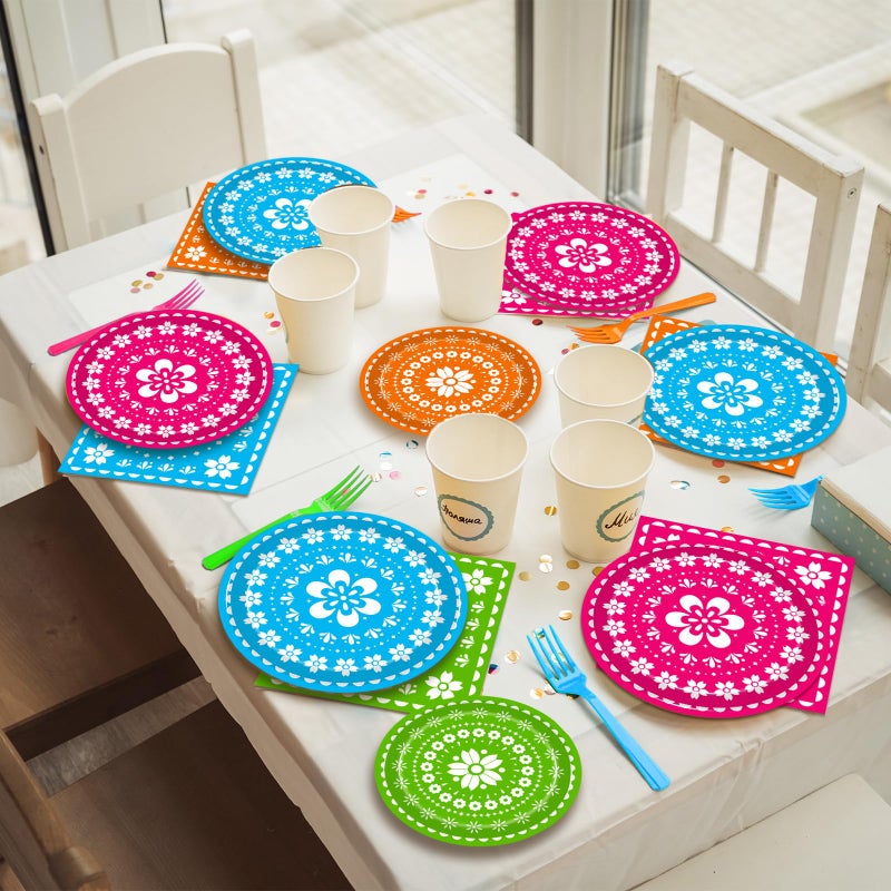 Kepeel 96 Pcs Fiesta Party Plates, Mexican Cinco De Mayo Party Decorations Supplies Mexican Papel Picado Disposable Paper Plates Napkins for Taco Carnival Birthday Baby Shower Tableware, Serves 24 - Image 5
