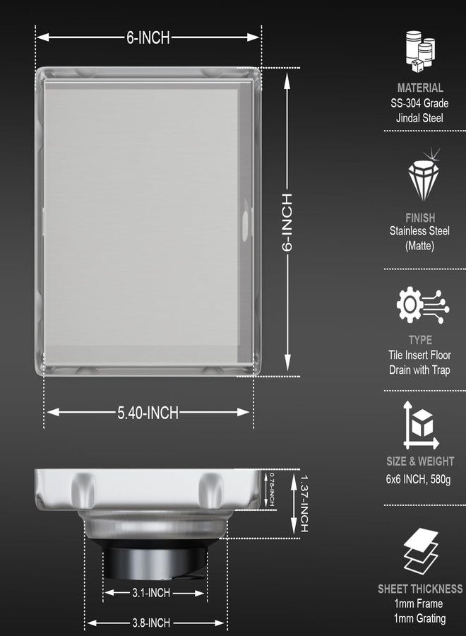 ALTON ALD1011, SS-304 Grade, 6x6 INCH, Tile Insert Bathroom Grating Square Floor Drain Jali with ABS Cockroach Trap, Matte - Image 2