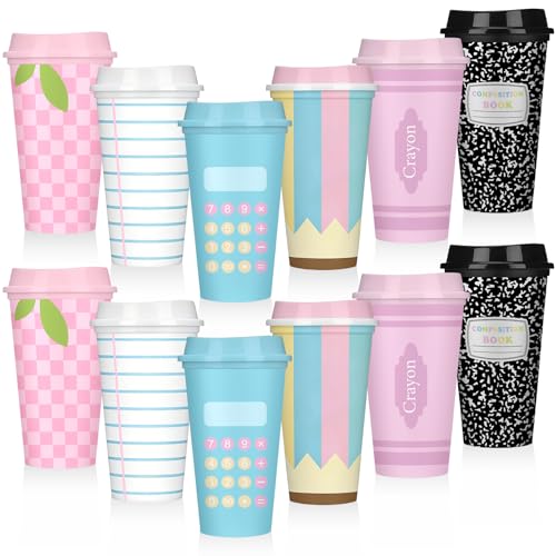 Skylety 12 Pcs Teacher Appreciation Gifts Teacher Gifts Bulk End of The Year Teachers Deals Reusable Plastic Coffee Cup with Lid for Back to School Party Decorations Pastel - Image 1
