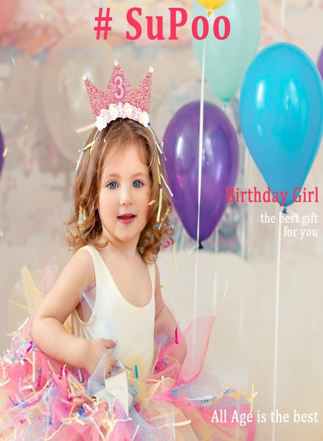 SuPoo Birthday Decorations for 3 Year Old Girl - Headband, Crown, Glitter Hair Band, Flower Princess Tiara Hair Accessory - Image 2