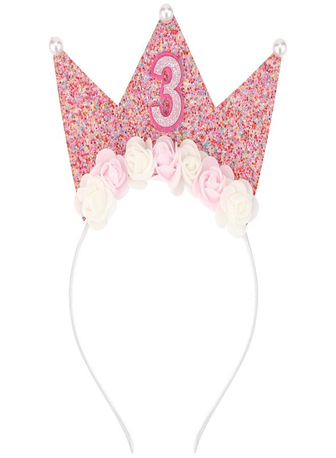 SuPoo Birthday Decorations for 3 Year Old Girl - Headband, Crown, Glitter Hair Band, Flower Princess Tiara Hair Accessory - Image 1
