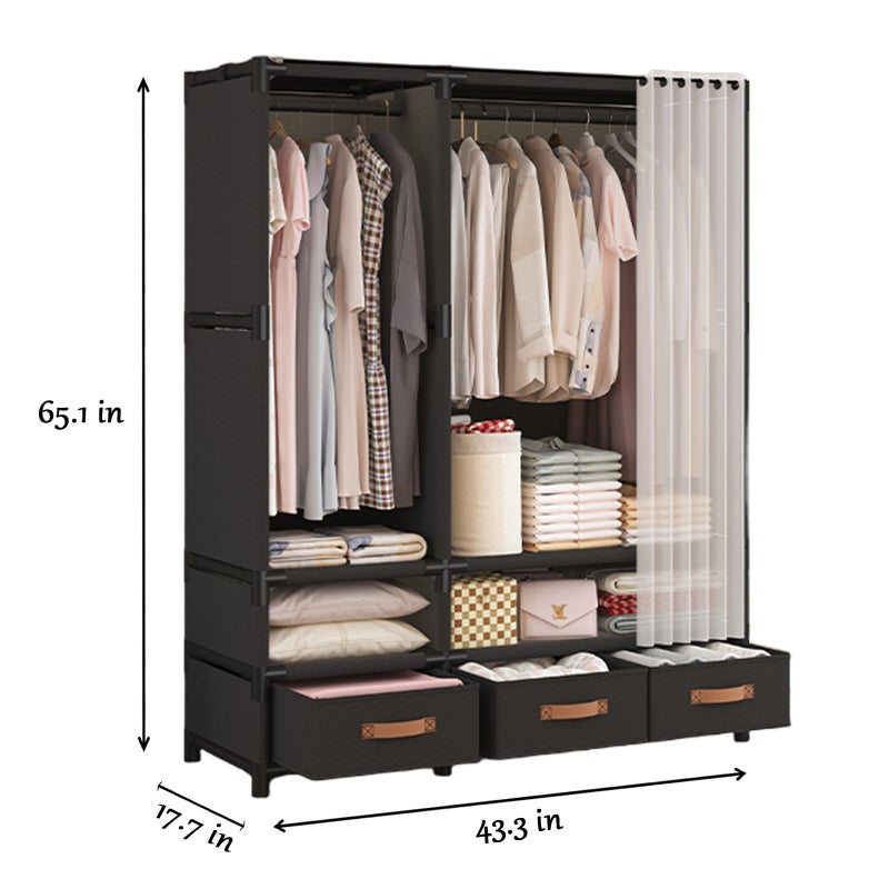 WEALTHYHEART Portable Closet,Portable Closets for Hanging Clothes,Japanese Style Wardrobe Clothing Rack with 3 Drawers,1 Hanging Rods and 2 Storage Shelves,43.3" L x 17.7" W x 65.1" H,Black - Image 2