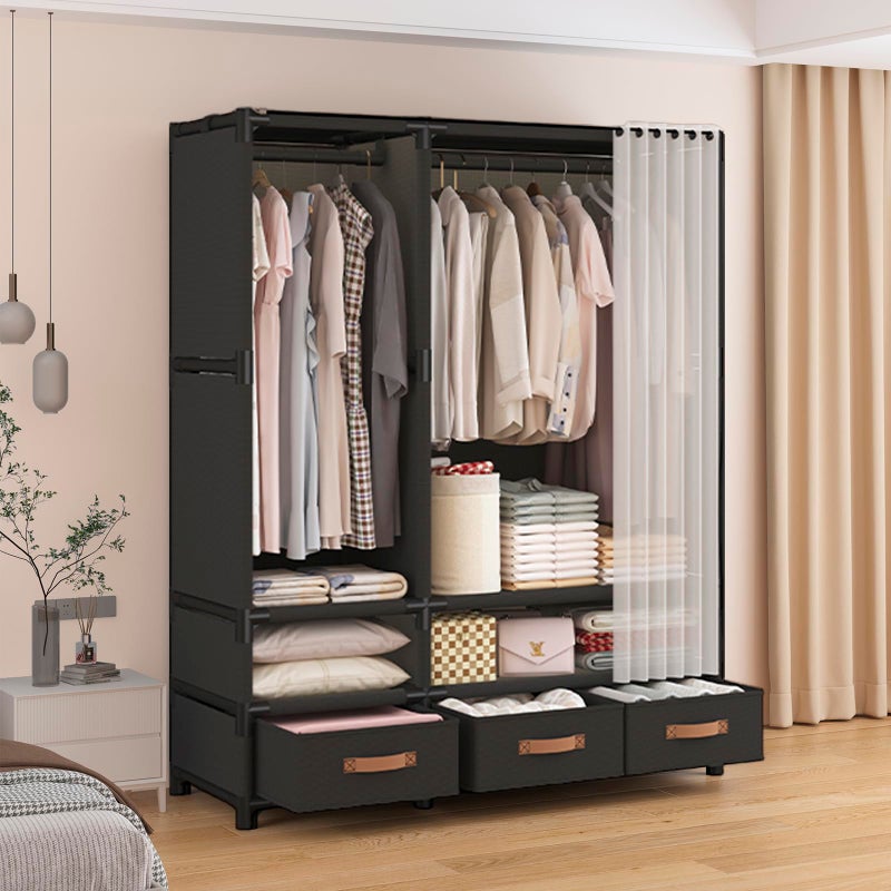 WEALTHYHEART Portable Closet,Portable Closets for Hanging Clothes,Japanese Style Wardrobe Clothing Rack with 3 Drawers,1 Hanging Rods and 2 Storage Shelves,43.3" L x 17.7" W x 65.1" H,Black - Image 4