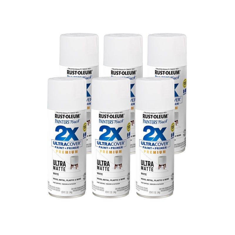 Rust-Oleum 331181-6PK Painter's Touch 2X Ultra Cover Spray Paint, 12 oz, Ultra Matte White, 6 Pack - Image 1