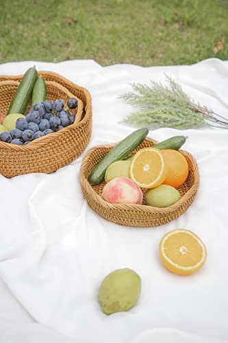HITOMEN Handmade Rattan Bread Baskets Round Wicker Fruit Serving Storage Bowls, Natural Woven Decorative Kitchen Counter Organizing (Honey Brown) Set of 3 - Image 3