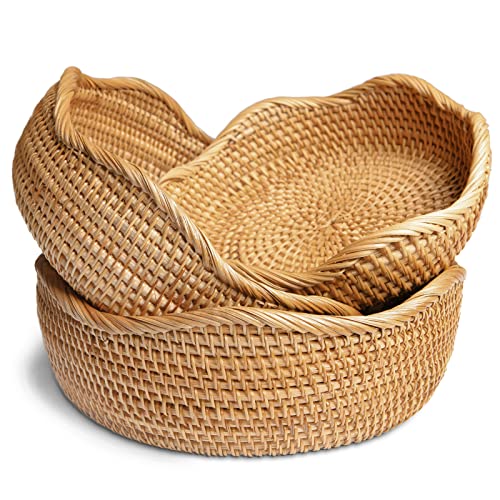 HITOMEN Handmade Rattan Bread Baskets Round Wicker Fruit Serving Storage Bowls, Natural Woven Decorative Kitchen Counter Organizing (Honey Brown) Set of 3 - Image 1