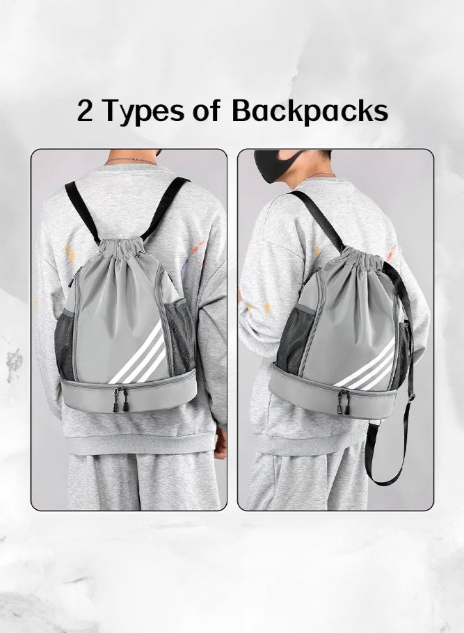 Unisex Side Mesh Bag Gym Sacks, Men/Women Sports Fitness Drawstring Backpack with Independent Shoe Compartment Gym Bag Yoga Bag Tourist Bag Sports Bag Trekking Bag for Boys/Girls/College Students - Image 2