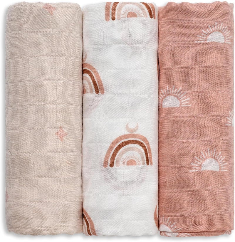 3 Pack Muslin Swaddle Blankets - Soft and Breathable Infant Receiving Blankets - Image 1