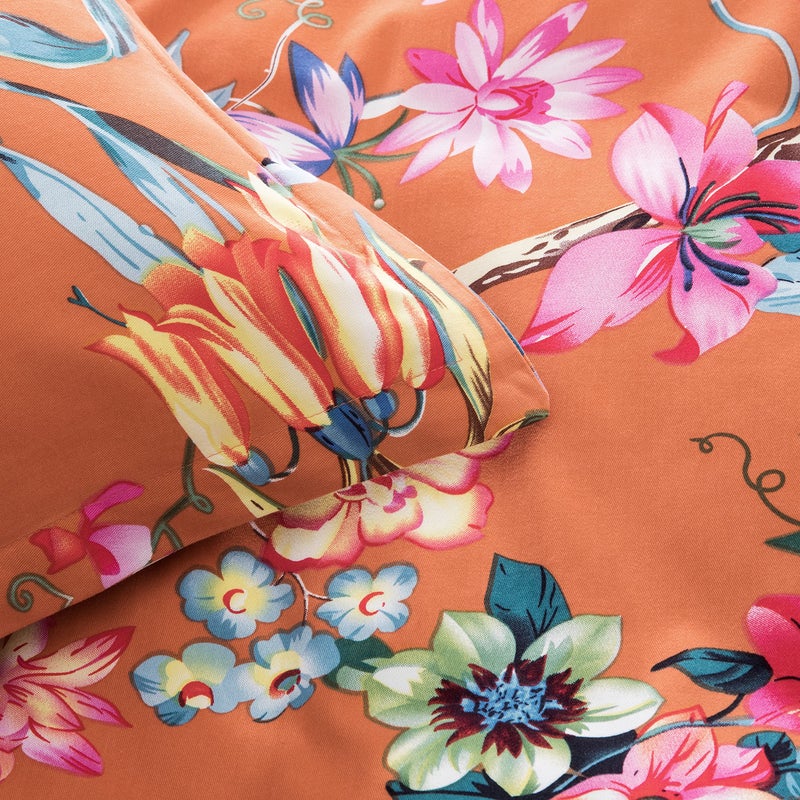 Eikei Botanical Garden Duvet Cover Washed Brushed 100-percent Cotton Bedding Set Asian Chinoiserie Print Colorful Tropical Tree Branches and Birds Floral Pattern (Queen, Marsala) - Image 3