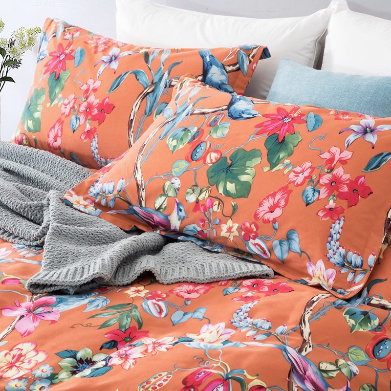 Eikei Botanical Garden Duvet Cover Washed Brushed 100-percent Cotton Bedding Set Asian Chinoiserie Print Colorful Tropical Tree Branches and Birds Floral Pattern (Queen, Marsala) - Image 2