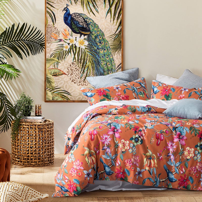 Eikei Botanical Garden Duvet Cover Washed Brushed 100-percent Cotton Bedding Set Asian Chinoiserie Print Colorful Tropical Tree Branches and Birds Floral Pattern (Queen, Marsala) - Image 1