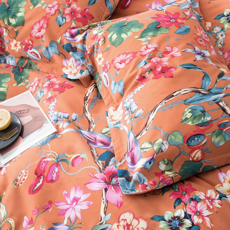 Eikei Botanical Garden Duvet Cover Washed Brushed 100-percent Cotton Bedding Set Asian Chinoiserie Print Colorful Tropical Tree Branches and Birds Floral Pattern (Queen, Marsala) - Image 5