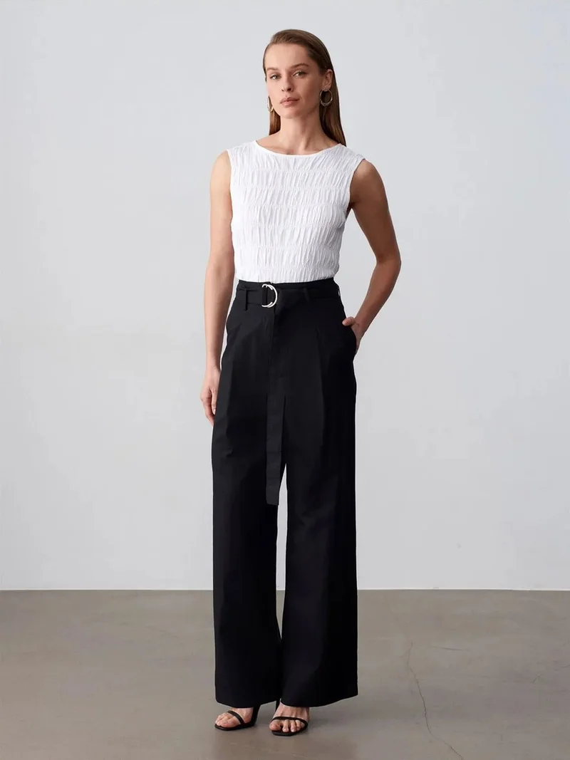 ديلفين DILVIN Belted Wide-Leg Linen Blend Trousers