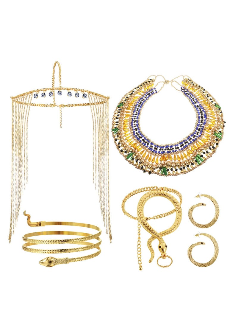 5 Pieces Egyptian Headpiece Costume, Included Tassel Head Chain Gold Snake Armband  Finger Ring Bracelet Earring Necklace,Suitable for Party Costume for Women  - Image 1