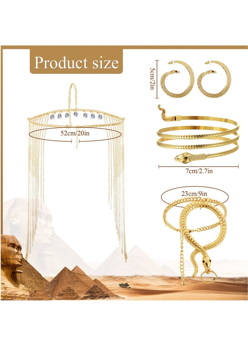 5 Pieces Egyptian Headpiece Costume, Included Tassel Head Chain Gold Snake Armband  Finger Ring Bracelet Earring Necklace,Suitable for Party Costume for Women  - Image 3