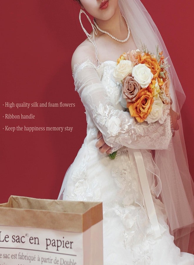 LCiclly Wedding Bouquets for Bride Bridesmaid,Terracotta Burnt Orange Bouquet Artificial Fake Silk Roses Flowers Bridal Bouquet for Wedding Fall Boho Rustic Church Decoration Toss Bouquet (8.6in(M)) - Image 4