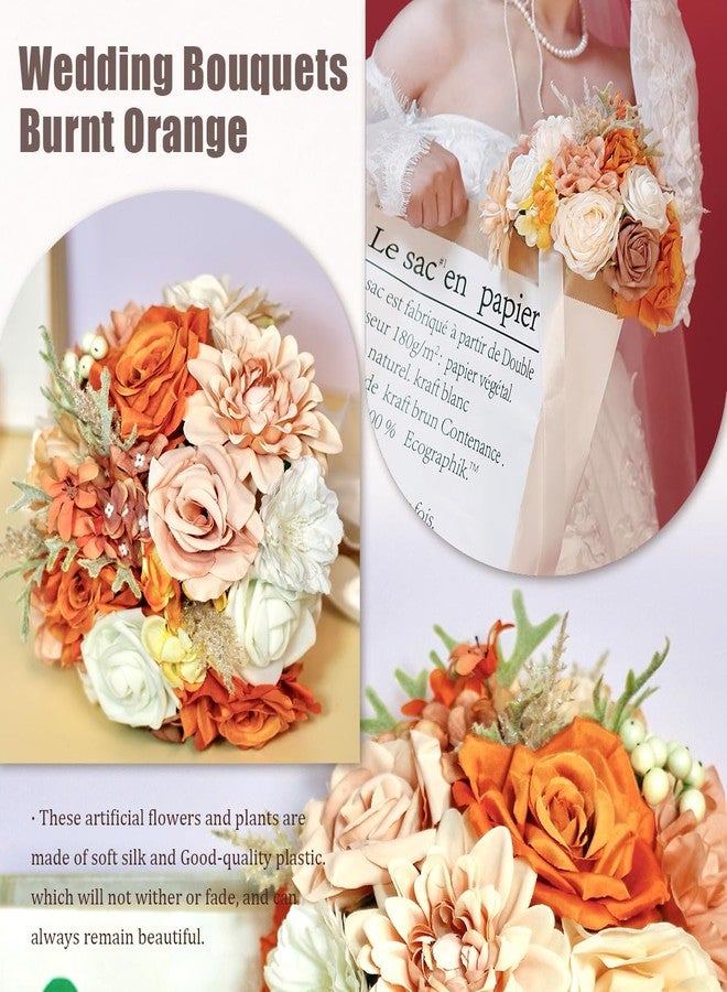 LCiclly Wedding Bouquets for Bride Bridesmaid,Terracotta Burnt Orange Bouquet Artificial Fake Silk Roses Flowers Bridal Bouquet for Wedding Fall Boho Rustic Church Decoration Toss Bouquet (8.6in(M)) - Image 2