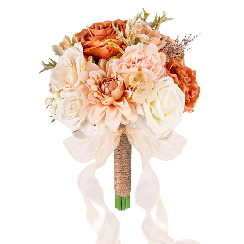 LCiclly Wedding Bouquets for Bride Bridesmaid,Terracotta Burnt Orange Bouquet Artificial Fake Silk Roses Flowers Bridal Bouquet for Wedding Fall Boho Rustic Church Decoration Toss Bouquet (8.6in(M)) - Image 1