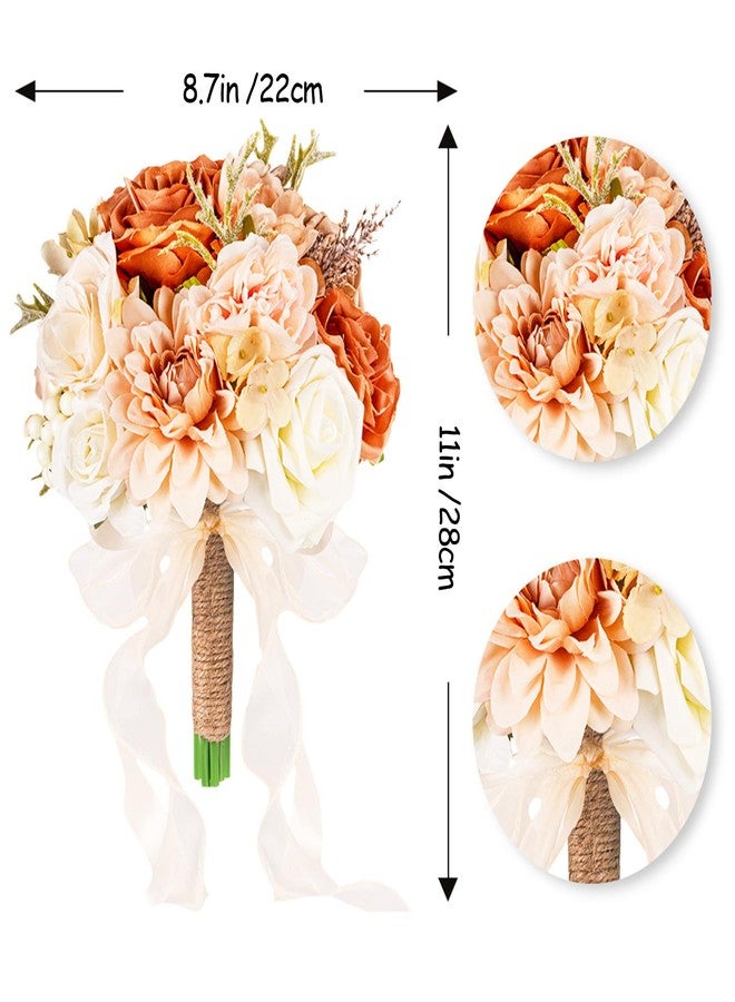 LCiclly Wedding Bouquets for Bride Bridesmaid,Terracotta Burnt Orange Bouquet Artificial Fake Silk Roses Flowers Bridal Bouquet for Wedding Fall Boho Rustic Church Decoration Toss Bouquet (8.6in(M)) - Image 3