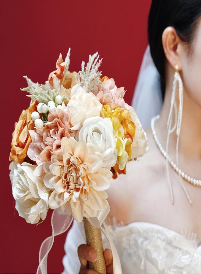 LCiclly Wedding Bouquets for Bride Bridesmaid,Terracotta Burnt Orange Bouquet Artificial Fake Silk Roses Flowers Bridal Bouquet for Wedding Fall Boho Rustic Church Decoration Toss Bouquet (8.6in(M)) - Image 5