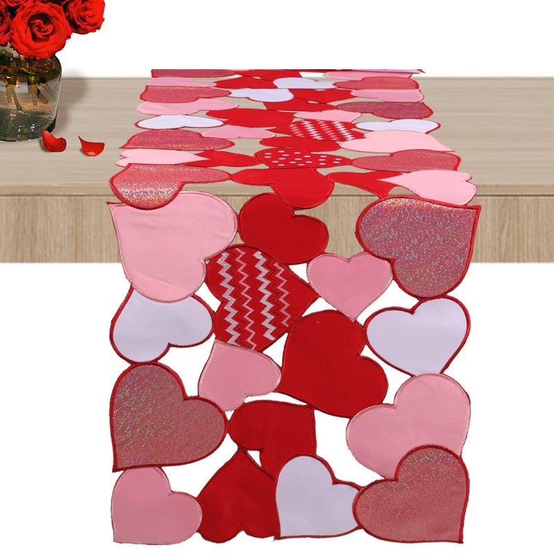 OWENIE Valentineâ€˜s Day Table Runners, 70 Inches Long, Red Valentines Table Runner Embroidered Love Heart Red Table Decorations, Mother's Day or Wedding Table Decor , Machine Washable - Image 1