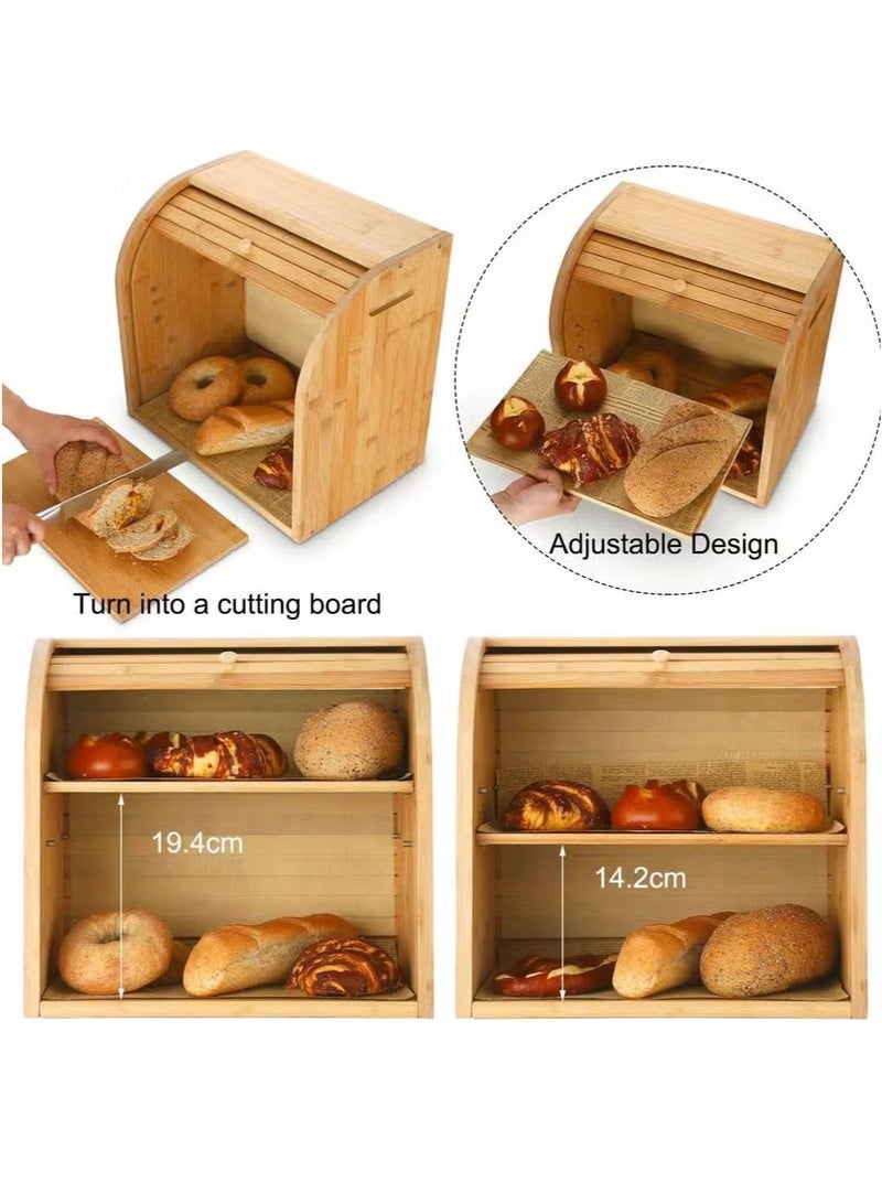 صندوق خبز من الخيزران لسطح المطبخ، صندوق خبز مزدوج الطبقة مع غطاء منزلق، صندوق خبز خشبي كبير للخبز المنزلي - Image 2
