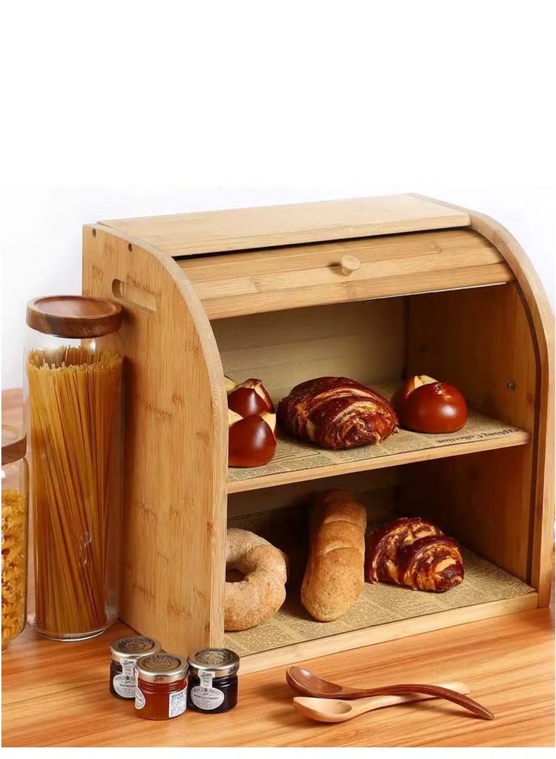صندوق خبز من الخيزران لسطح المطبخ، صندوق خبز مزدوج الطبقة مع غطاء منزلق، صندوق خبز خشبي كبير للخبز المنزلي - Image 1