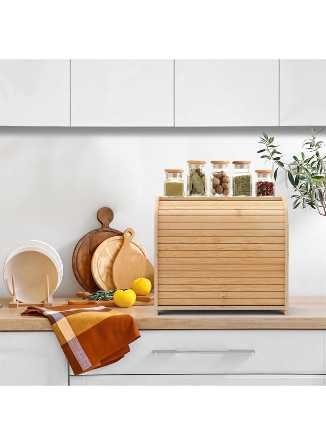 صندوق خبز من الخيزران لسطح المطبخ، صندوق خبز مزدوج الطبقة مع غطاء منزلق، صندوق خبز خشبي كبير للخبز المنزلي - Image 3