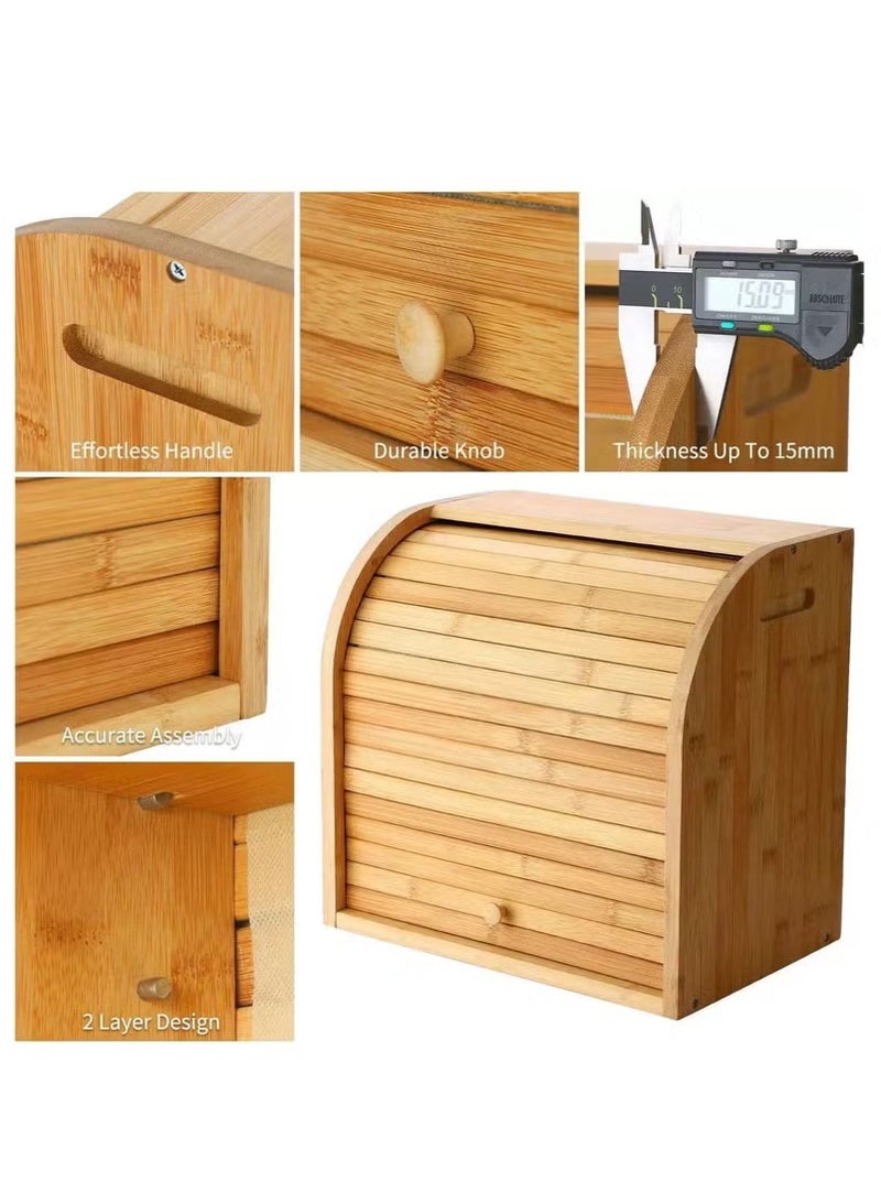 صندوق خبز من الخيزران لسطح المطبخ، صندوق خبز مزدوج الطبقة مع غطاء منزلق، صندوق خبز خشبي كبير للخبز المنزلي - Image 4