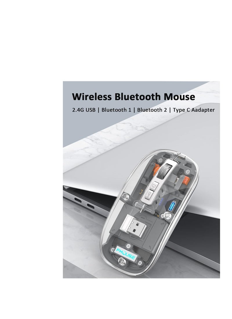 Terabyte - Crystal Transparent Magnetic Wireless Mouse  Wireless Bluetooth Mouse, Tri-Mode (BT1+BT2+2.4G) USB C Rechargeable Computer Mouse, Full Transparent Portable Silent Mouse with USB Receiver for Laptop (Grey) - Image 1